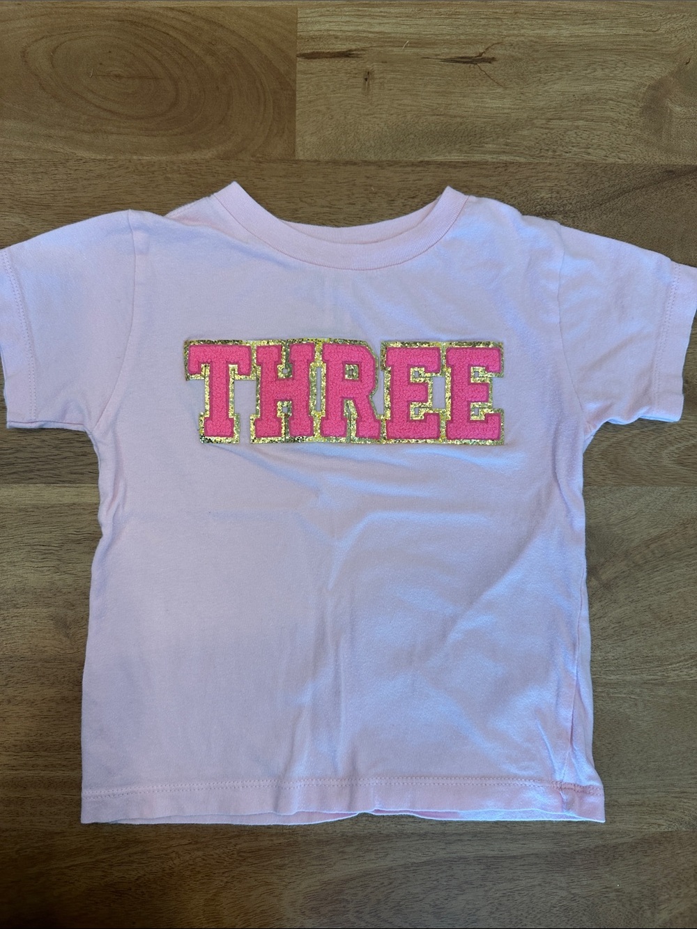 Pink Short Sleeve Tee 3T with Hot Pink and Gold 'THREE' Applique